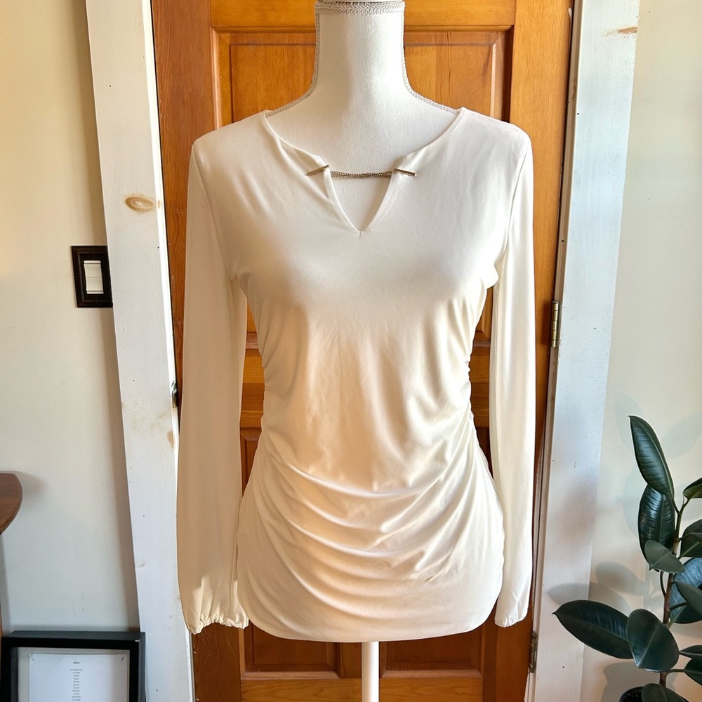 White House Black Market White Cream Long Sleeve Blouse with Gold Metal Detail